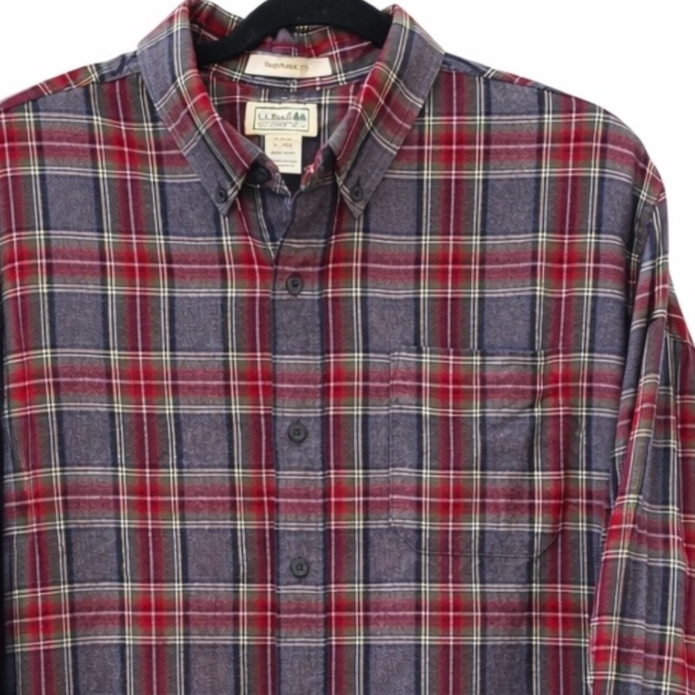 LL Bean Mens XL Flannel Shirt Red Navy Plaid Traditional Fit Outdoors Cabin Fall